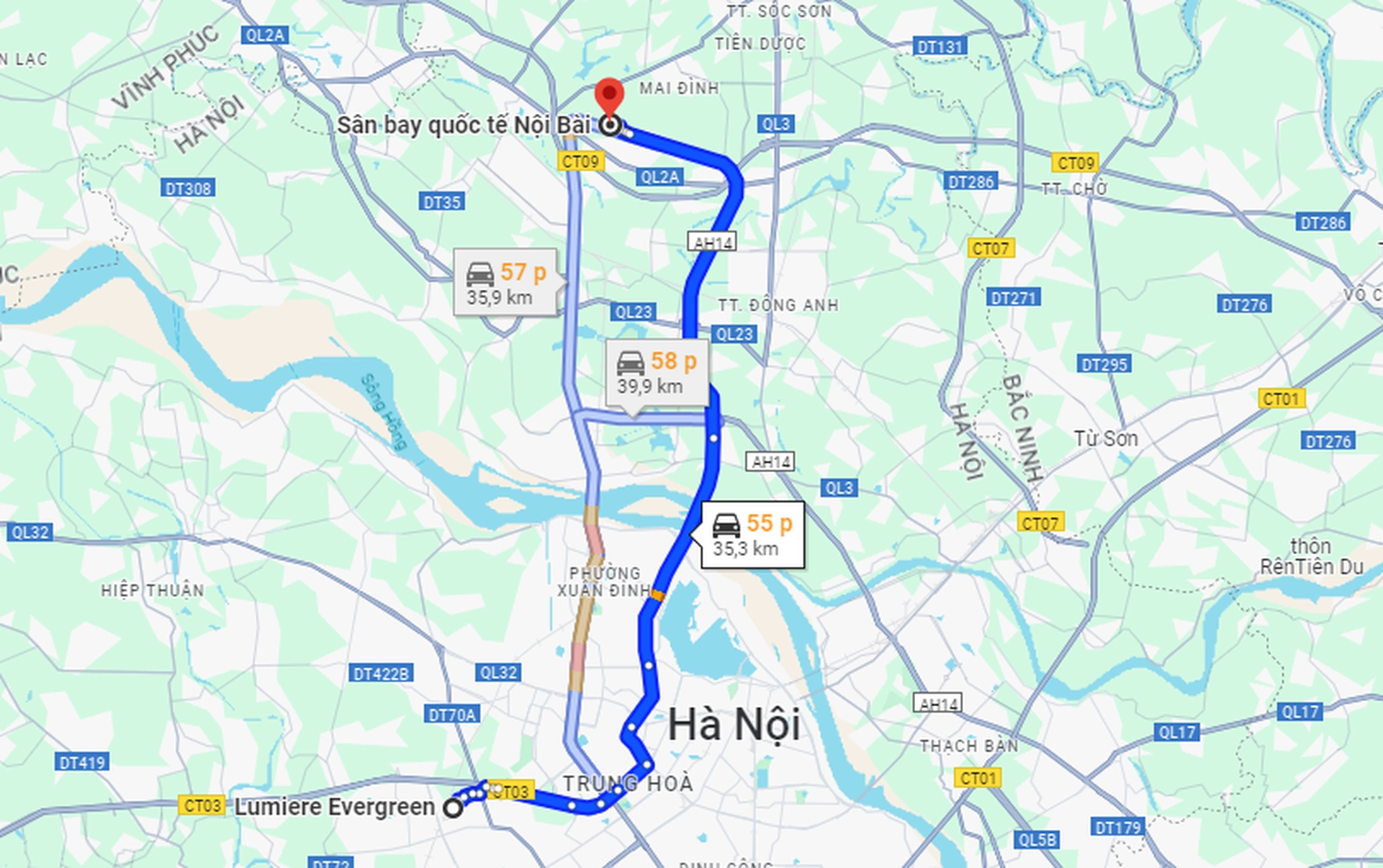 Cư dân dự án Lumière Evergreen mất bao lâu để di chuyển tới Sân bay Quốc tế Nội Bài?