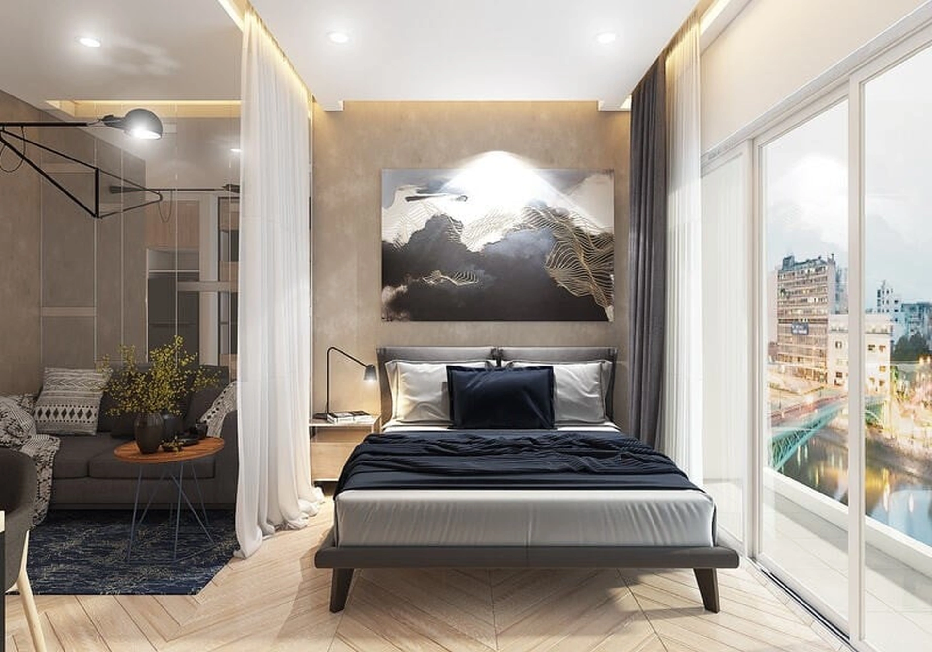 Diện tích tim tường, diện tích thông thủy căn hộ 1 phòng ngủ tòa M3 Masteri Waterfront là bao nhiêu?