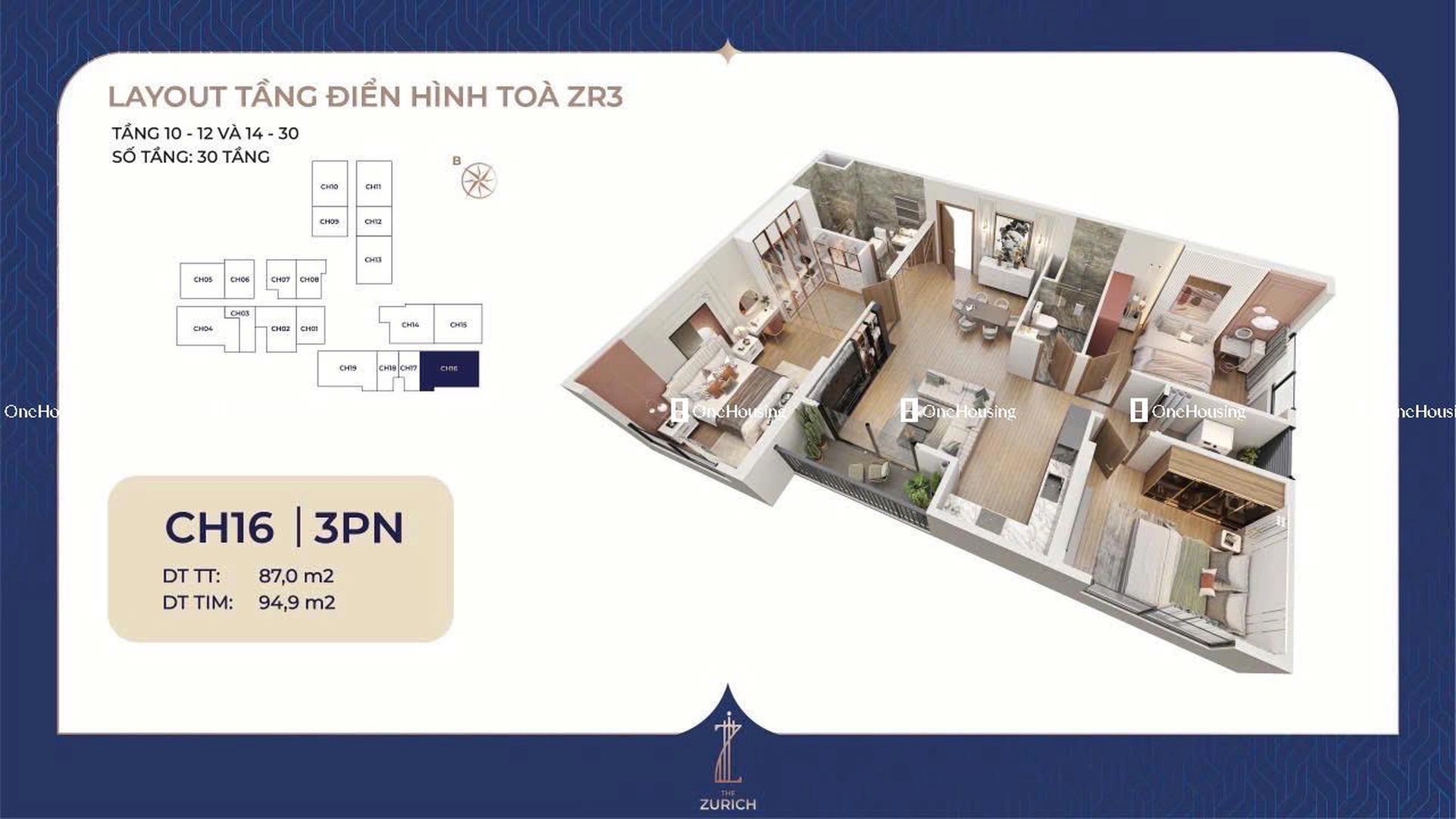 Căn 3PN toà ZR3 - The Zurich - Vinhomes Ocean Park