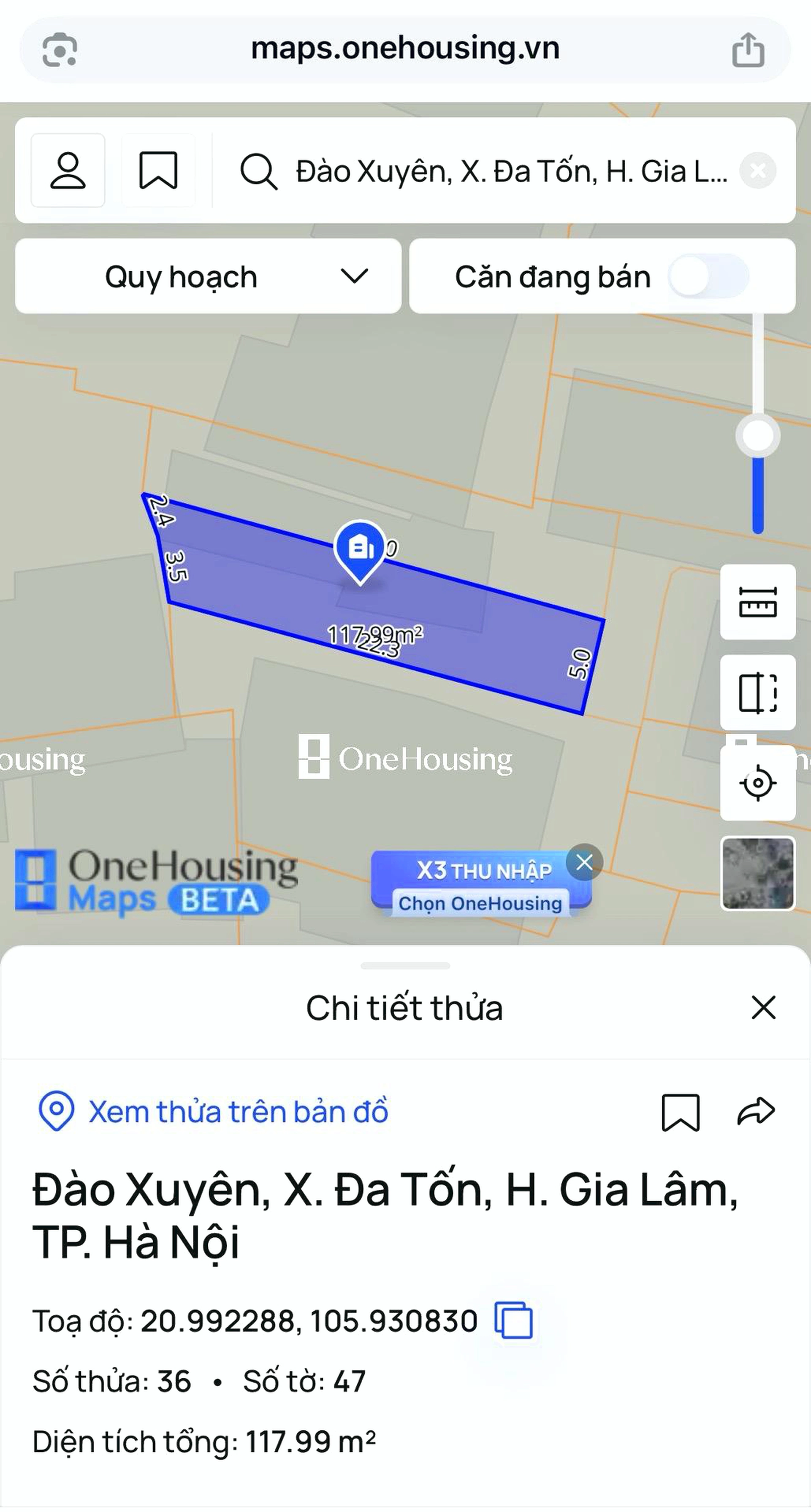 Đất nền cách Đào Xuyên 20m, X. Đa Tốn, H. Gia Lâm, TP. Hà Nội